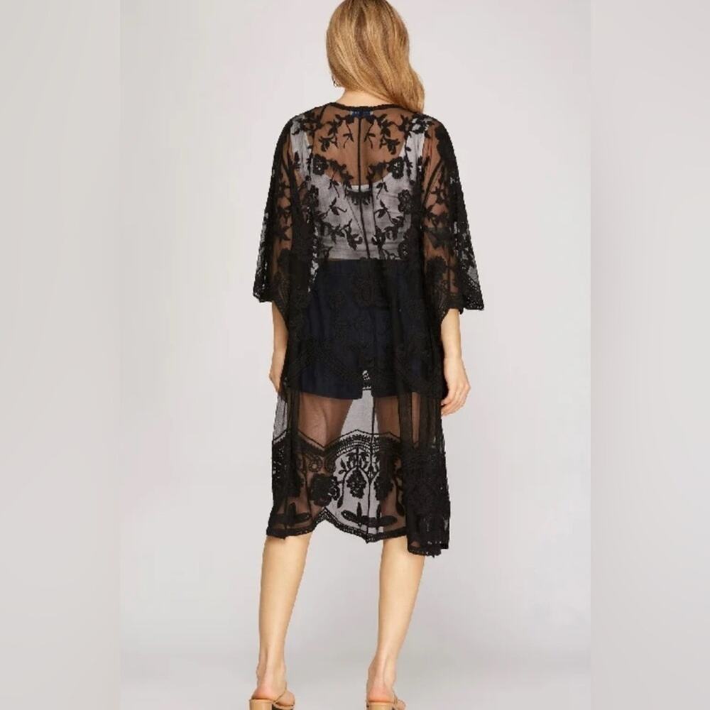 NEW DAVI & DANI BLACK Lace Midi Long Kimono Cardigan ONE SIZE - Picture 2 of 7